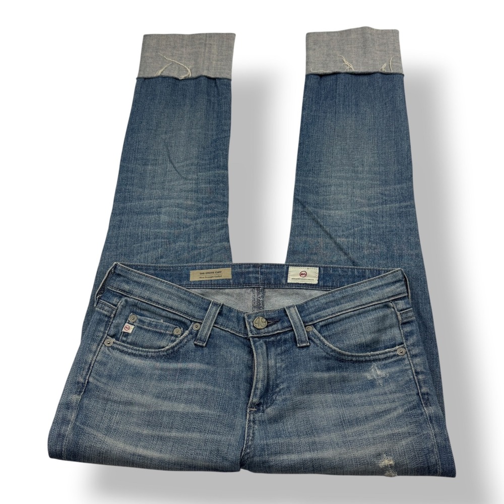 AG Adriano Goldschmied The Stevie Cuff‎ Slim Straight Blue Distressed Jeans 25